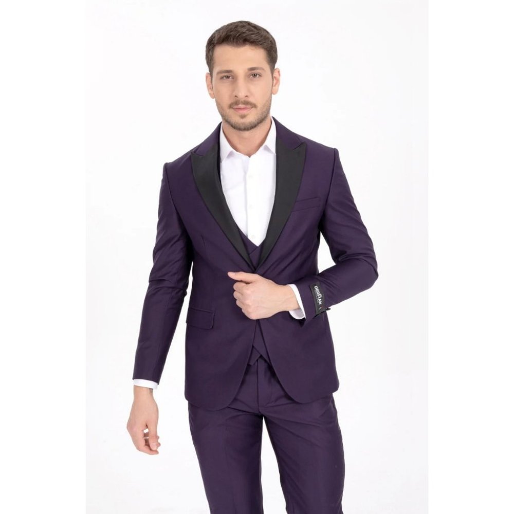 Derman Purple Satin Collar 3 Piece Tuxedo
